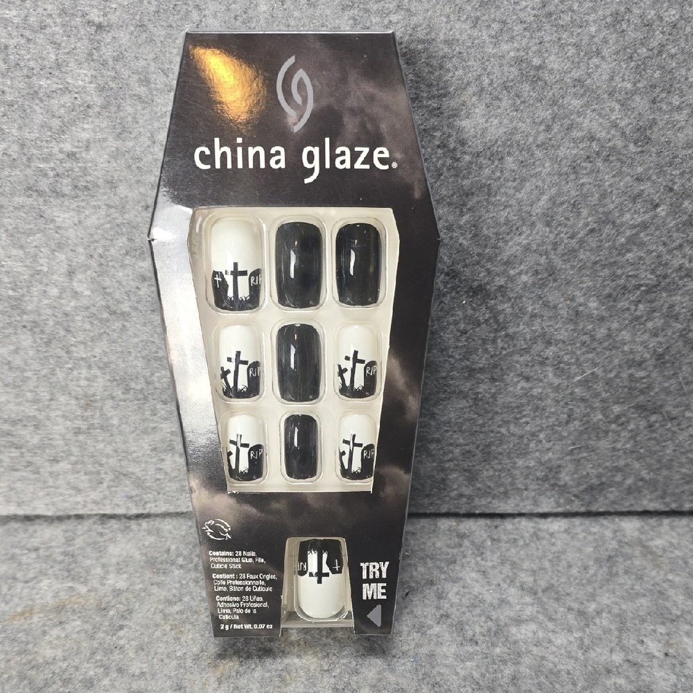 NIB China Glaze Haunted Hill Black White Cemetary Press-On Nails